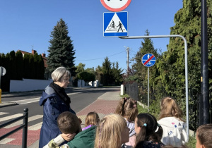 Grupa dzieci wraz z opiekunką stoi na chodniku przy ulicy i ogląda znaki drogowe - znak przejścia dla pieszych oraz znak zakazu wjazdu ciężakówkom.
