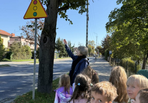 Grupa dzieci z opiekunką stoi na chodniku przy ulicy, a opiekunka wskazuje ręką żółty trójkątny znak drogowy z sygnalizacją świetlną. W tle widać drzewa, jezdnię i zabudowania.