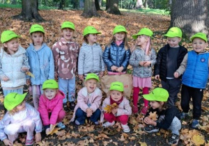 Grupa dzieci w zielonych czapkach pozuje do wspólnego zdjęcia w jesiennym parku, na ziemi pokrytej opadłymi liśćmi, wśród drzew. Część dzieci trzyma w rękach zebrane liście, a pośrodku stoi papierowa torba.