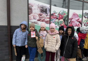Grupa dzieci z papierowymi torbami z napisem „Skierniewice” stoi na zewnątrz przed witryną sklepu oklejoną zdjęciami pieczywa, warzyw, wędlin i owoców. Jedno z dzieci trzyma kartkę z napisem „Zespół Galaretek”.
